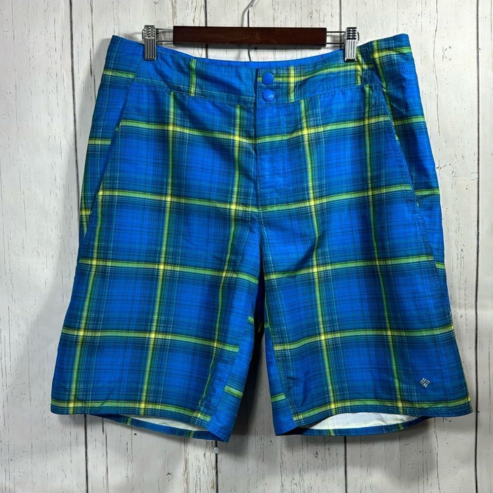 Columbia Board Short Mens Swimwear Omni Shade Trunks Blue Plaid Size 36